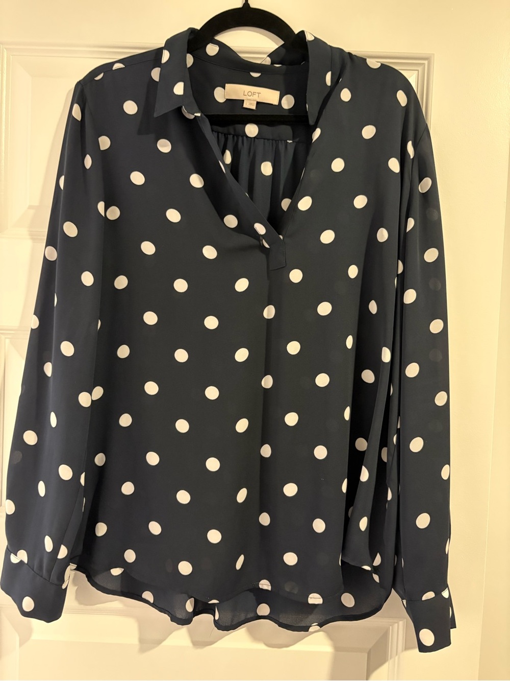 LOFT Navy and White Polka Dot V-Neck Blouse